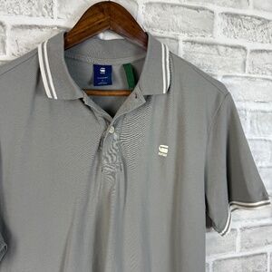G-Star Raw Light Gray White Trim Lightweight Collared Polo Shirt Mens LARGE